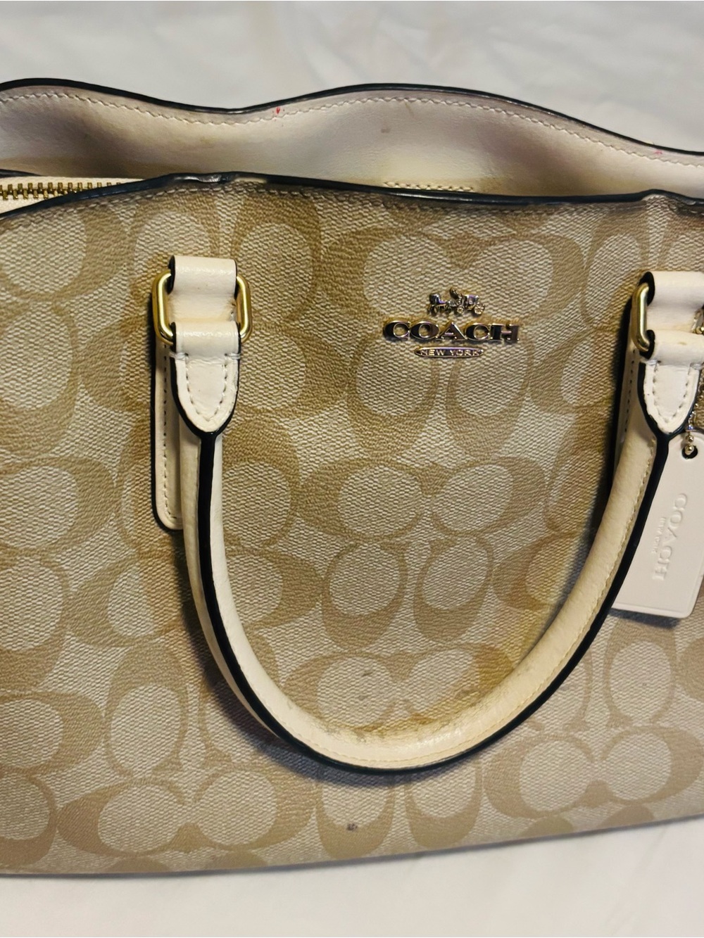Coach Beige Signature Canvas Satchel with White Trim